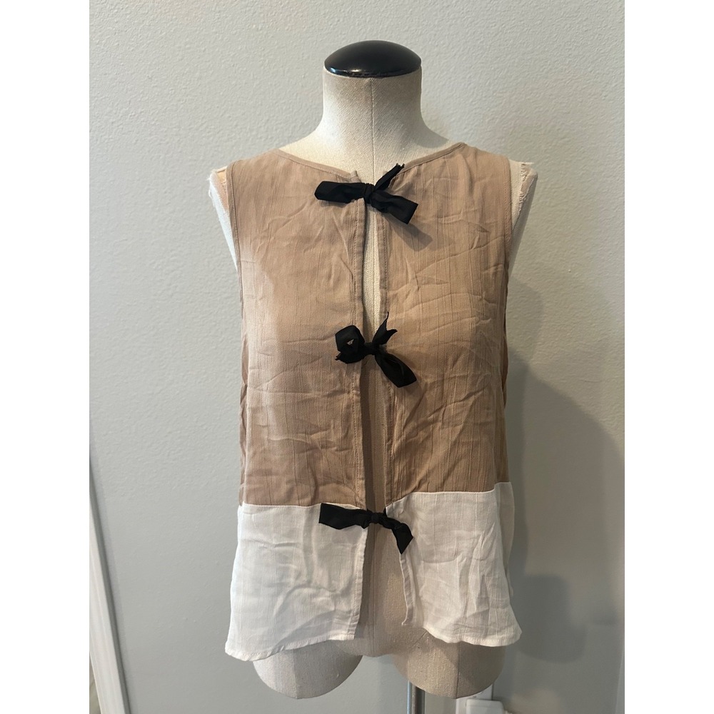 Forever 21 Womens M Blouse Beige Ivory Black Bow Tie Front Sleeveless Boho